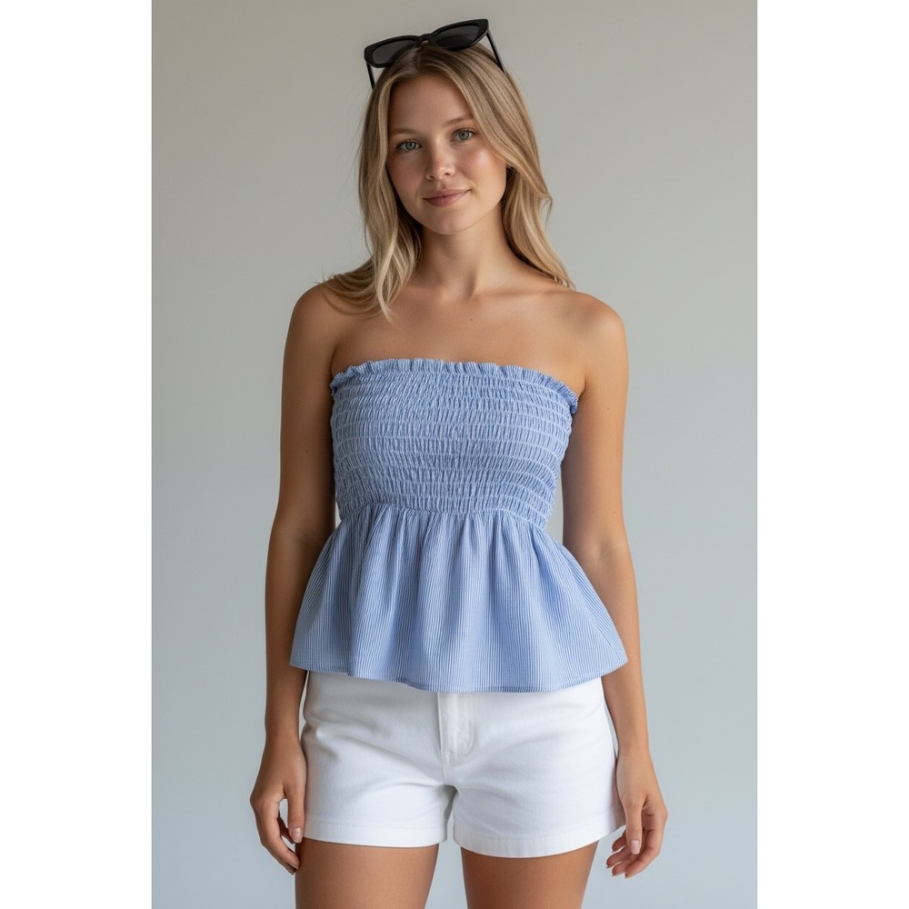 NEW Blue White Pinstripe Smocked Peplum Tube Top Size‎ L Core Summer Strapless